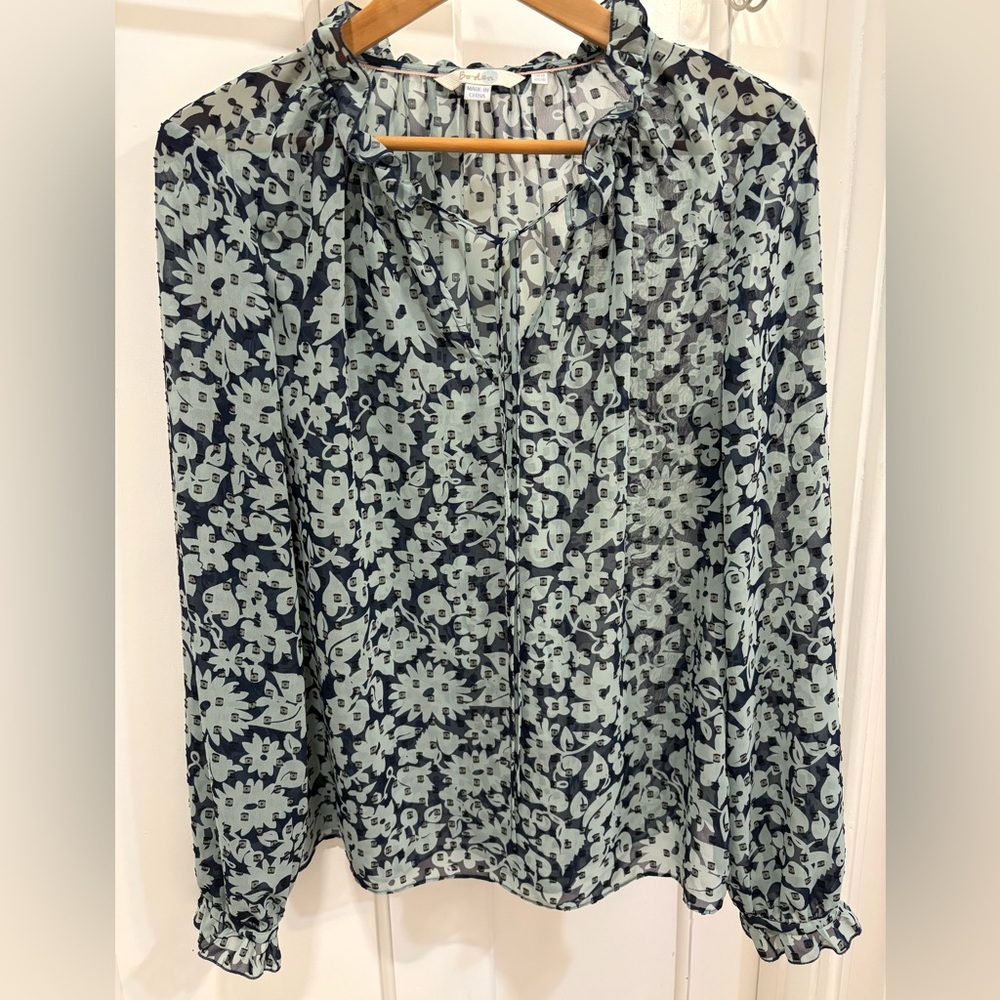 Boden Sheer Blue Floral Blouse Top Ruffle Collar Sz 10 Long Sleeve Romantic